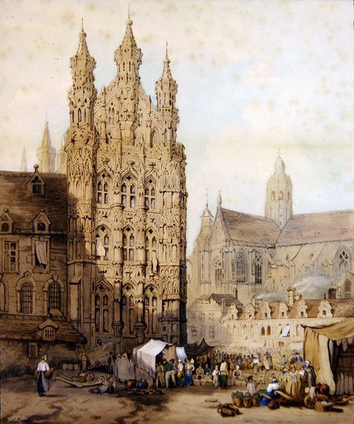 Rådhuset og katedralen i Leuven i Belgien, ca. 1840 (akvarel på papir) af Samuel (circle of) Prout