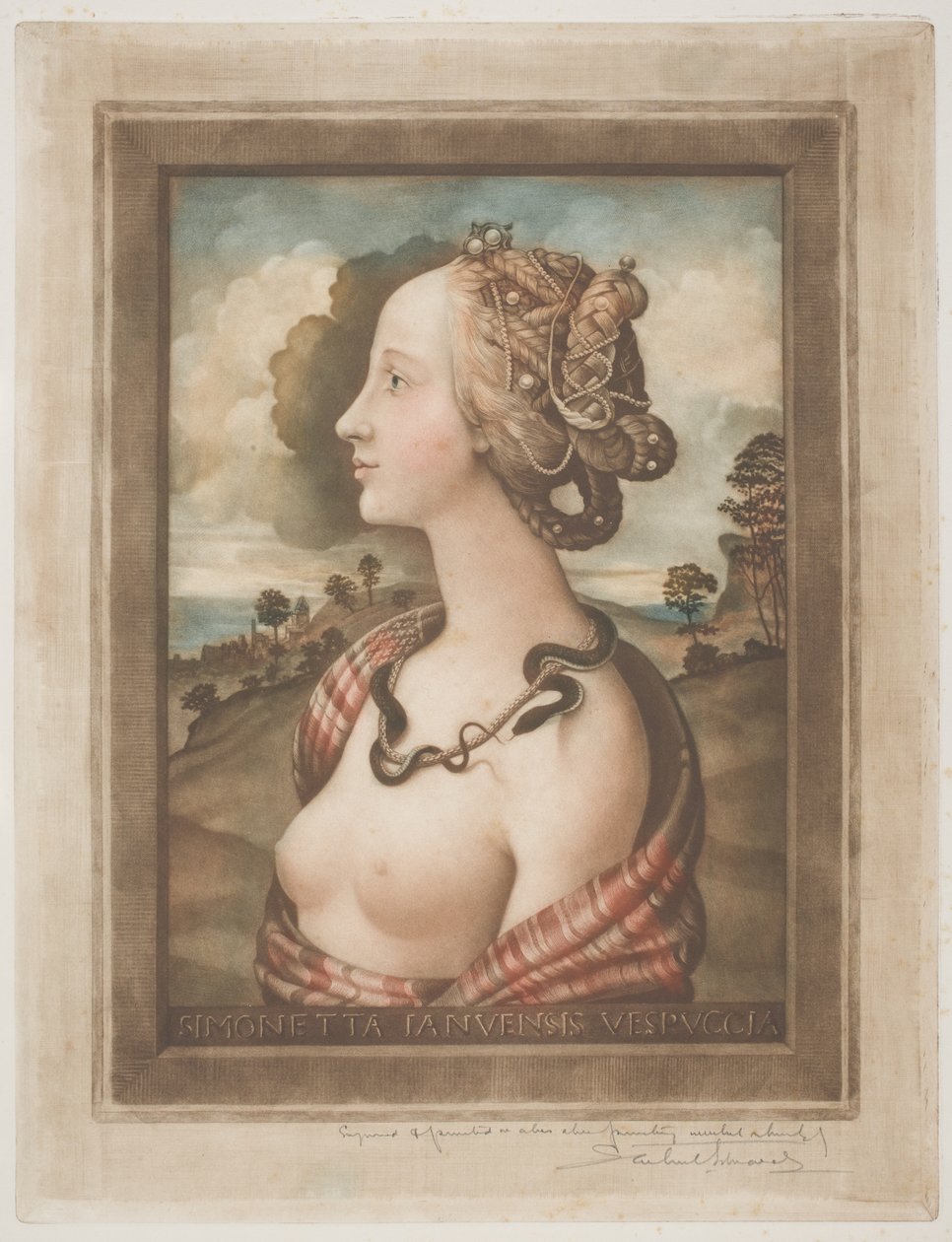 Simonetta Vespucci, ca. 1900 (farve mezzotint på cremevævet papir) af Samuel Arlent Edwards