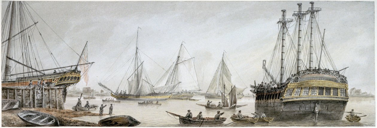 "Et indisk skib, der er sat til reparation på Themsen, med en beskrivelse af de almindelige aktiviteter på det kongelige skibsværft i Deptford. af Samuel Atkins