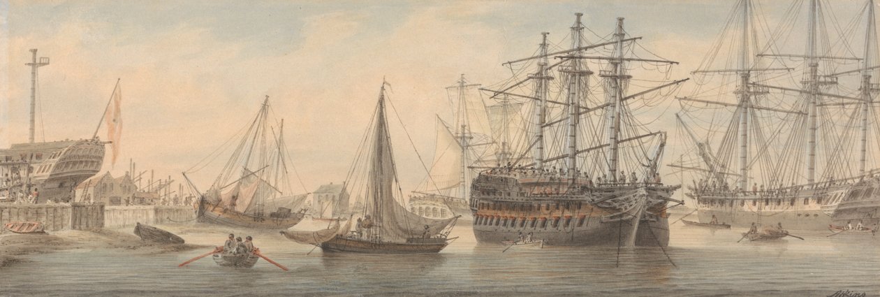Men-of-War og anden skibsfart på Themsen (sandsynligvis ved Deptford) af Samuel Atkins