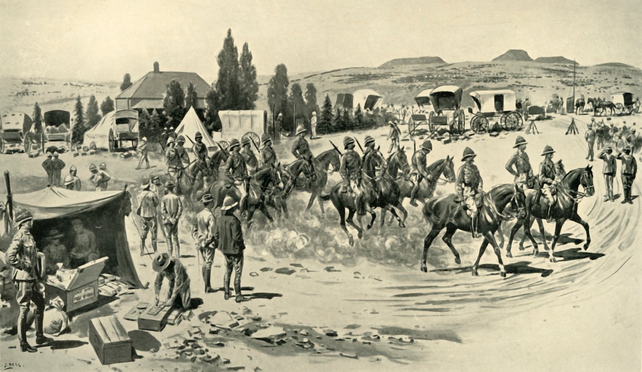 Lord Roberts og stab starter for en rekognoscering fra hovedkvarteret i Smaldeel, 1901. af Samuel Begg