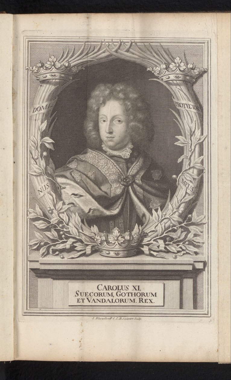 Portret van Karel XI van Zweden Karl XI, konge af de svenske goter og vandaler (titel på objekt) Sverige Ancient and Modern (serietitel) af Samuel Blesendorf