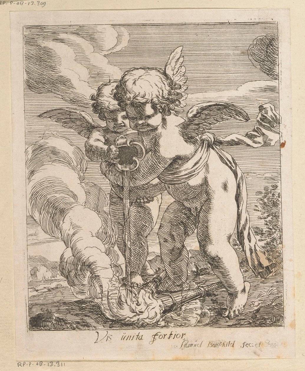 To putti slukningsbrændere Vis unita fortior (titel på objekt) Forskellige designs (serietitel) Opera Varia Historica, Poetica & Iconologica (serietitel) af Samuel Bottschild