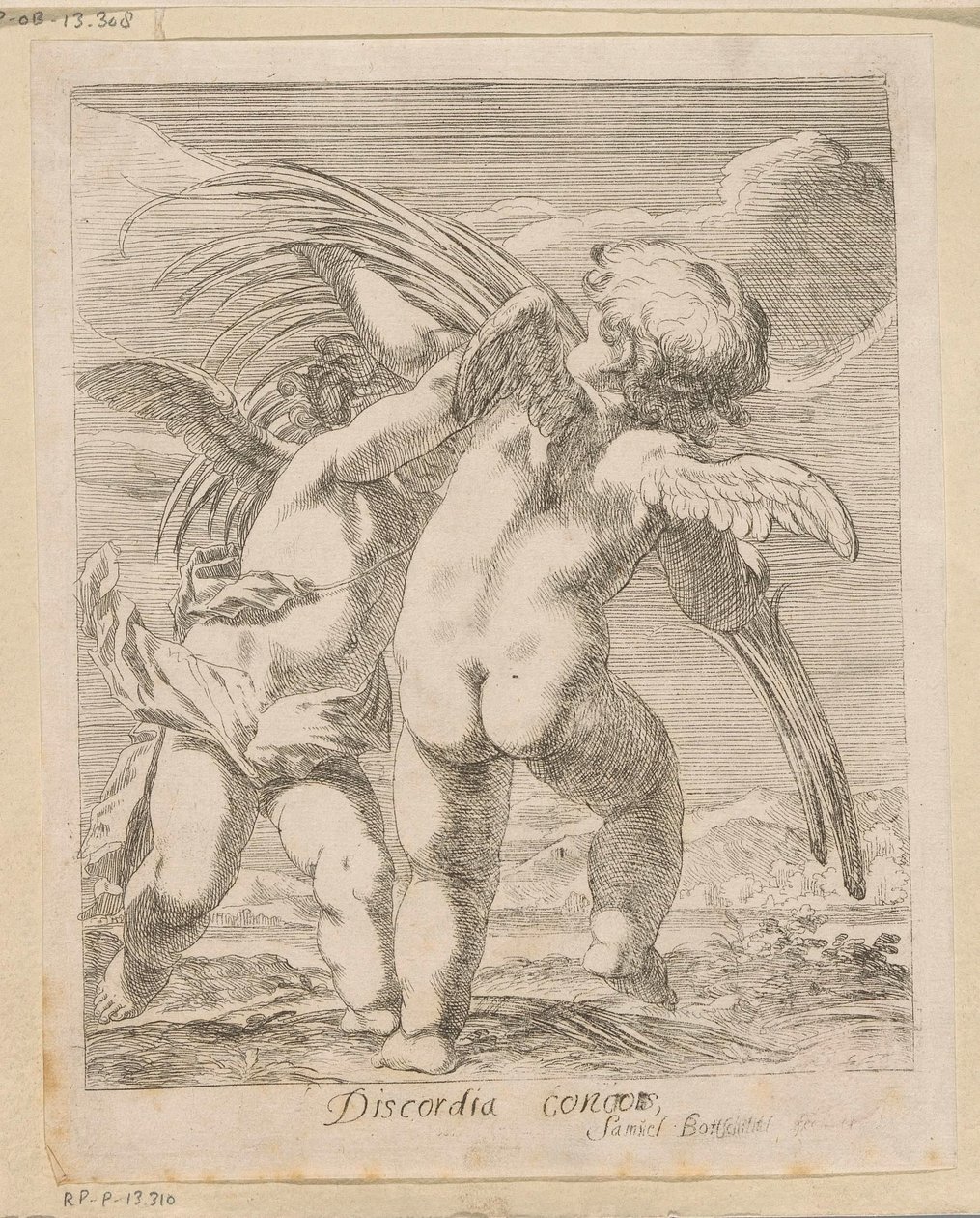 To putti skændes om en palmegren Discordia Concors (titel på objekt) Forskellige designs (serietitel) Opera Varia Historica, Poetica & Iconologica (serietitel) af Samuel Bottschild
