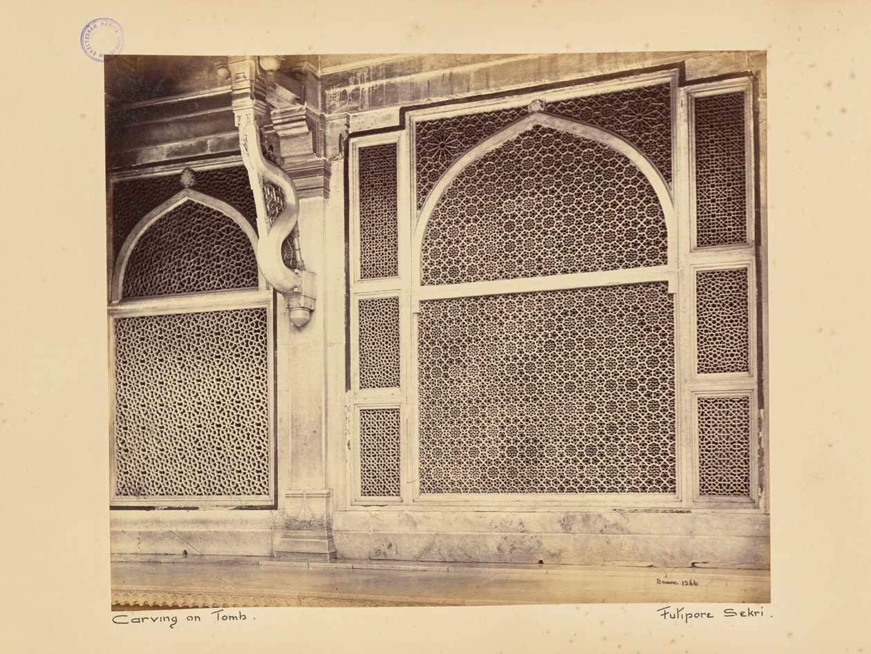 Fatehpur Sikri; to af marmorskærmene i Sheik Selim Chishtis grav af Samuel Bourne