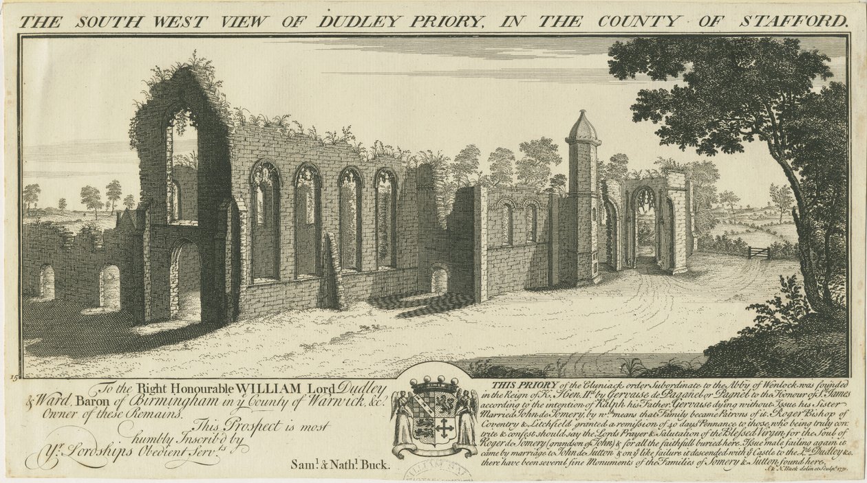 Dudley Priory: gravering af Samuel Buck