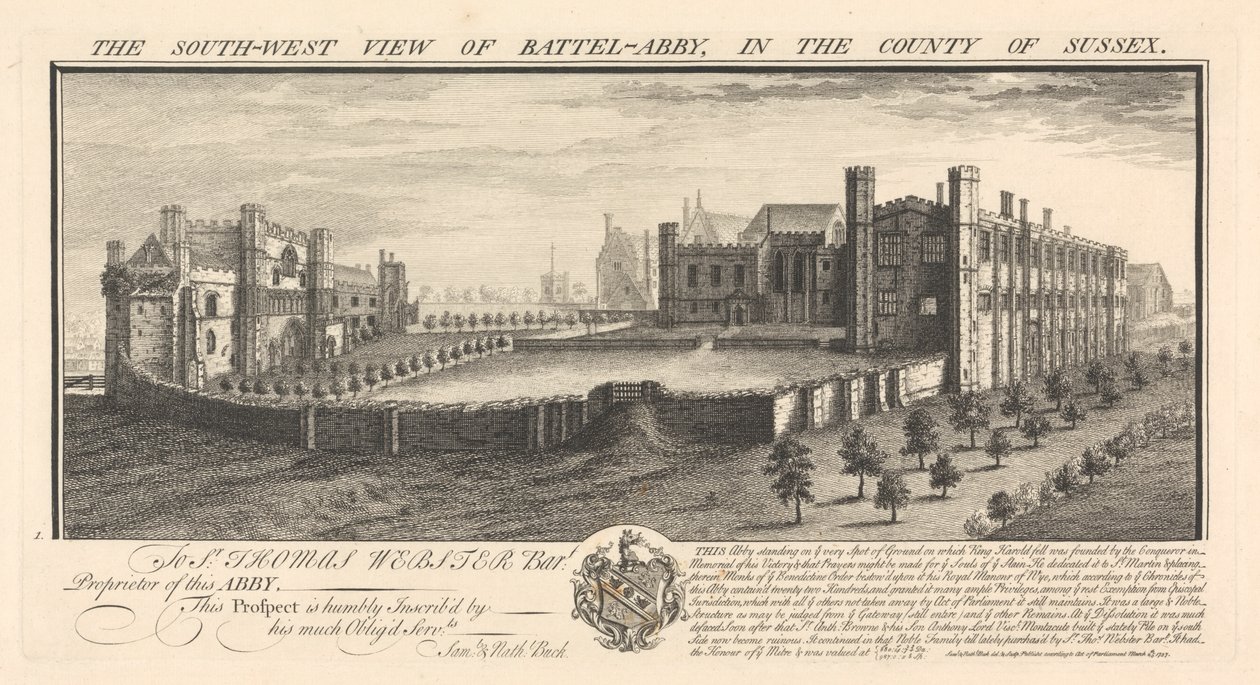 Den sydvestlige udsigt over Battel-Abbey, i grevskabet Sussex af Samuel Buck