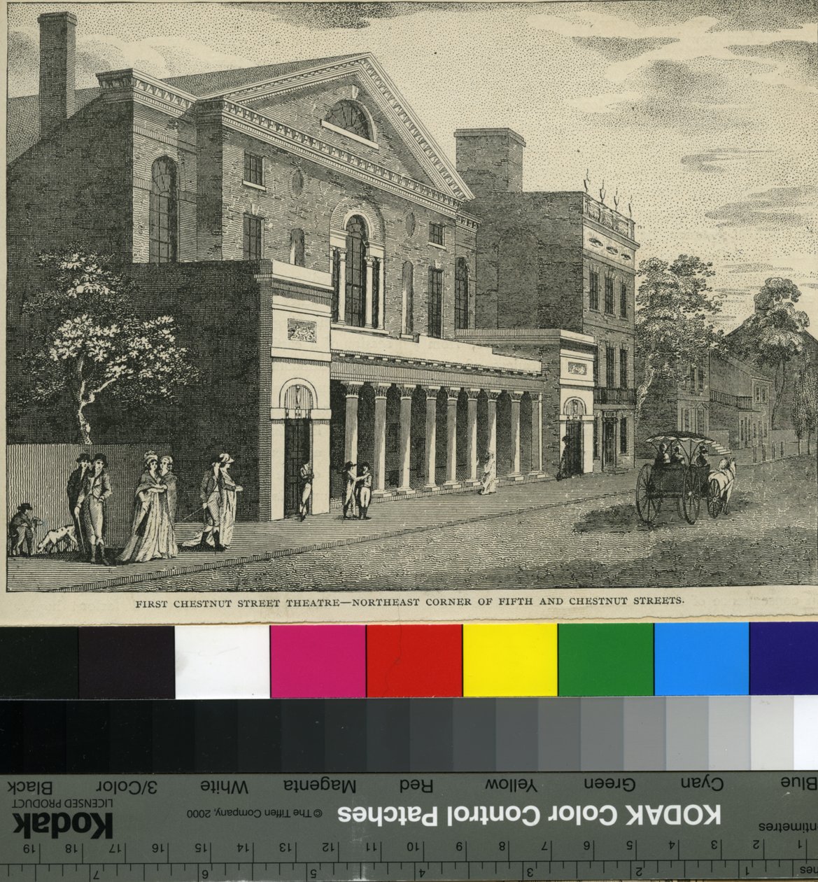 First Chestnut Street Theatre, Northeast Corner of Fifth and Chestnut Streets, ca. 1820 (træsnit) af Samuel Castner