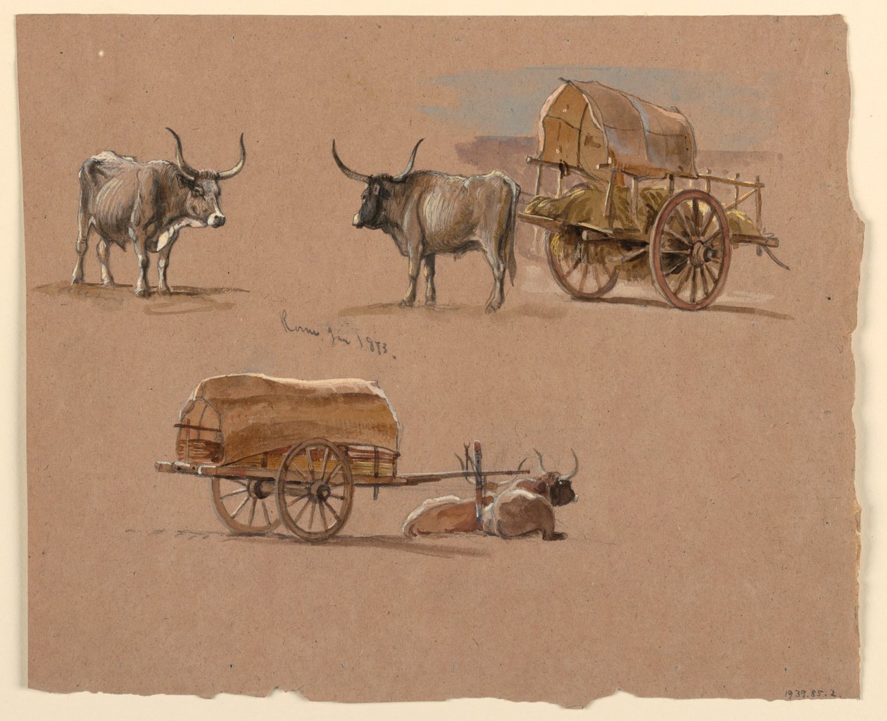 Tegning, Oksekærrer, Rom, Italien, januar 1873 af Samuel Colman