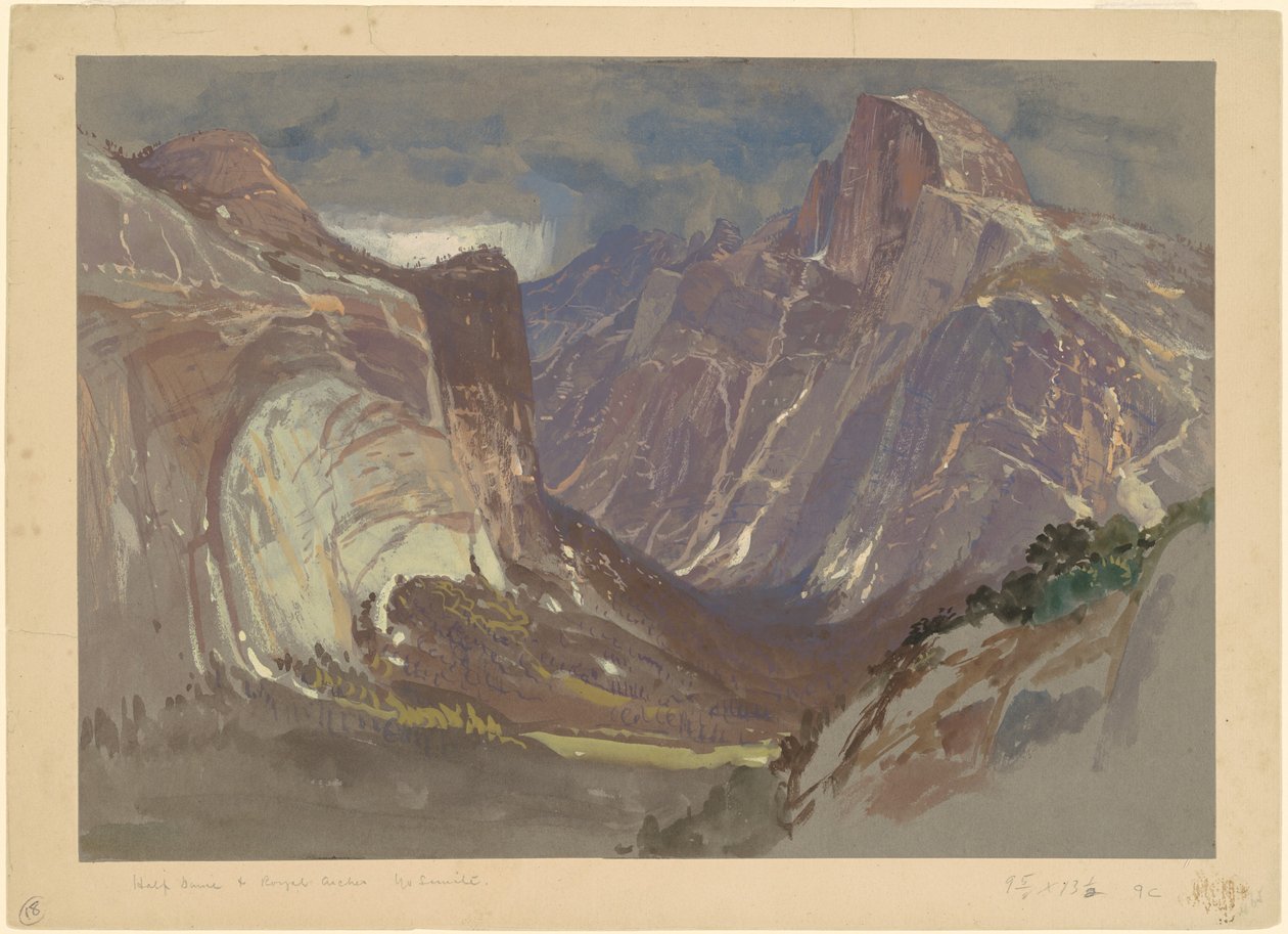 Half Dome og Royal Arches, Yosemite, fra Glacier Point (w/c & gouache på gråt papir) af Samuel Colman