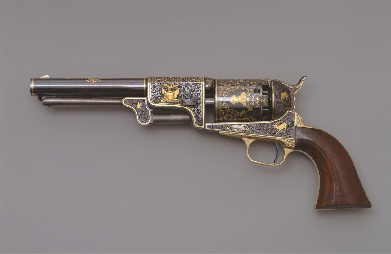 Colt Third Model Dragoon Percussion Revolver, ca. 1853 (stål, messing, guld og valnøddetræ) af Samuel Colt