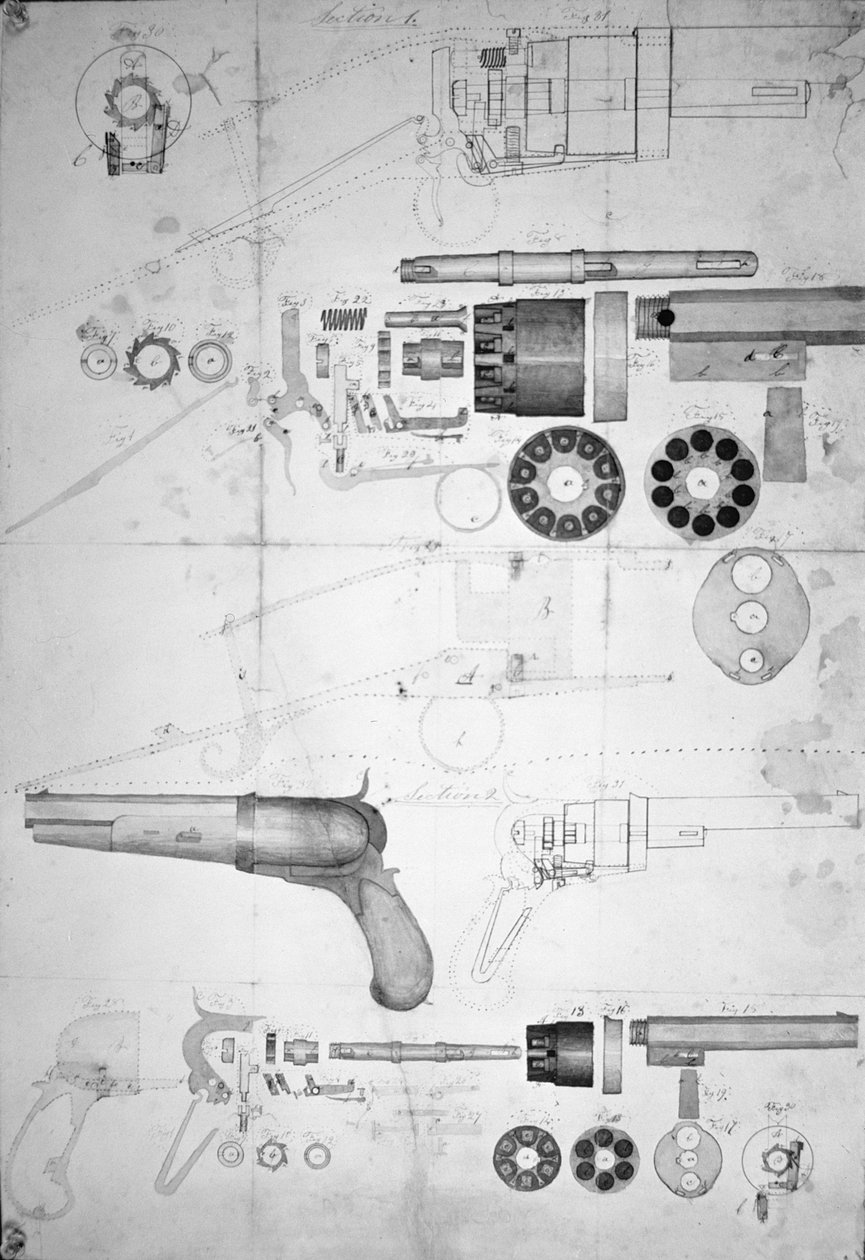 Originale planer for en ti-kammer revolver, som senere blev seks-kammeret patenteret i 1836, ca. 1830 (pen & blæk på papir) af Samuel Colt