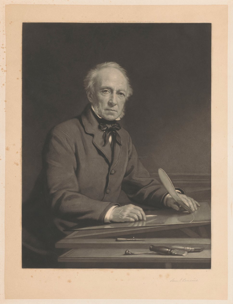Portræt af Samuel Cousins, der arbejder på et tryk af Samuel Cousins (signed by artist)