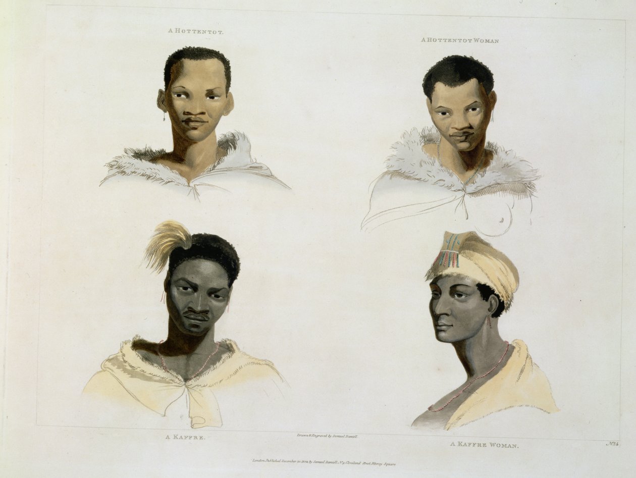 A Hottentot, a Hottentot Woman, a Kaffre, a Kaffre Woman: fire hoved- og skuldervignetter, plade 14 fra 