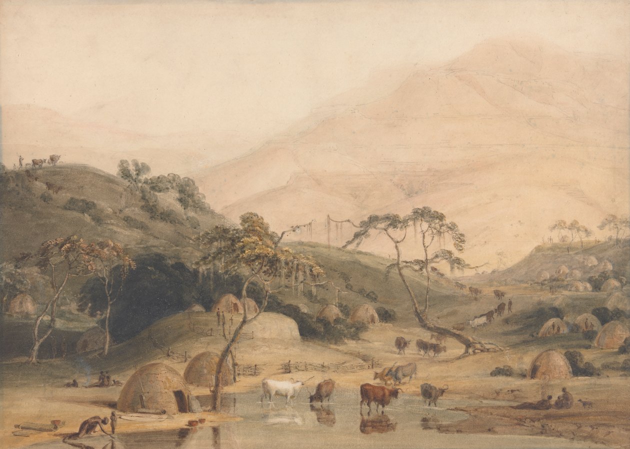 En Kaffirlandsby af Samuel Daniell