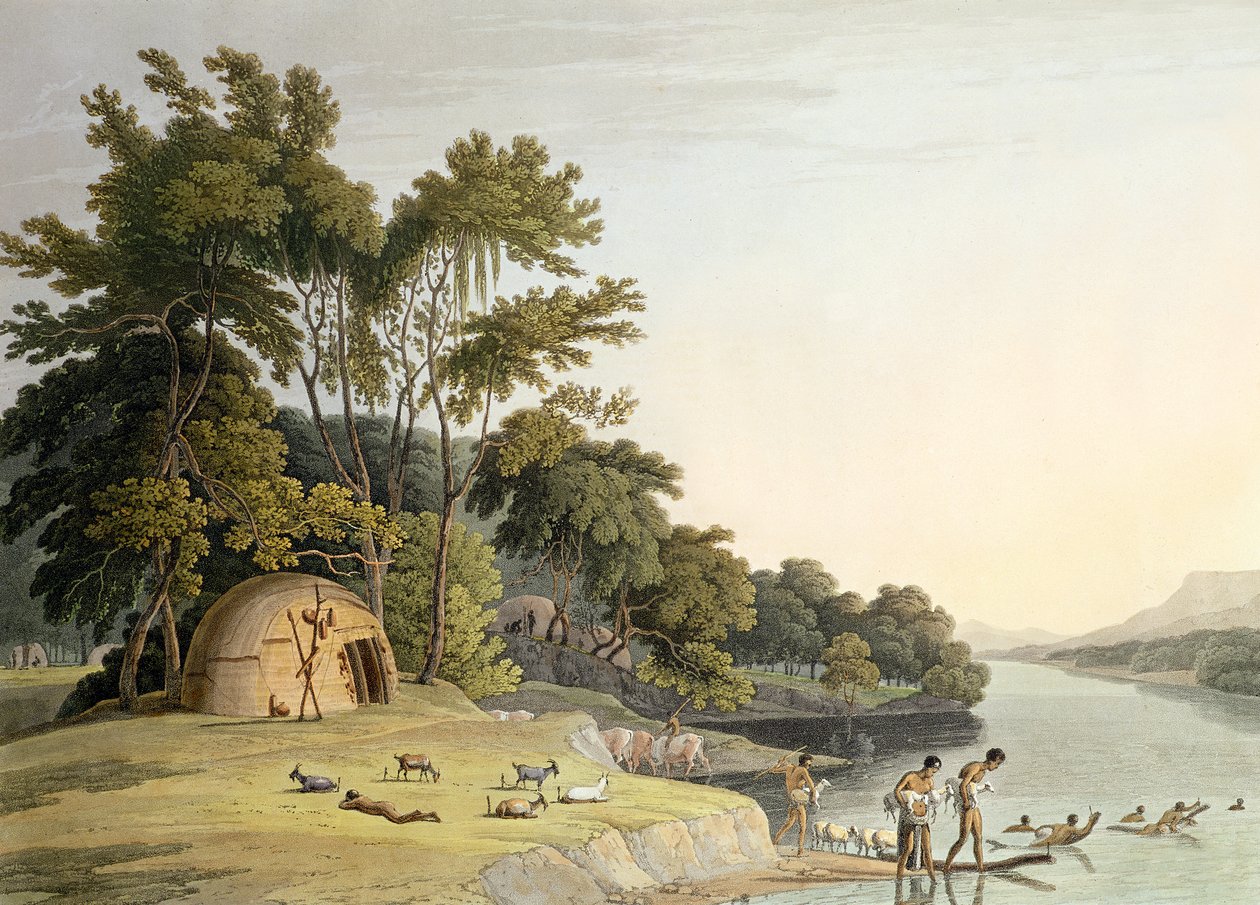 A Korah Hottentot Village on the Left Bank of the Orange River, plade 1 fra "African Scenery and Animals", graveret af kunstneren, 1804 (akvaratint) af Samuel Daniell