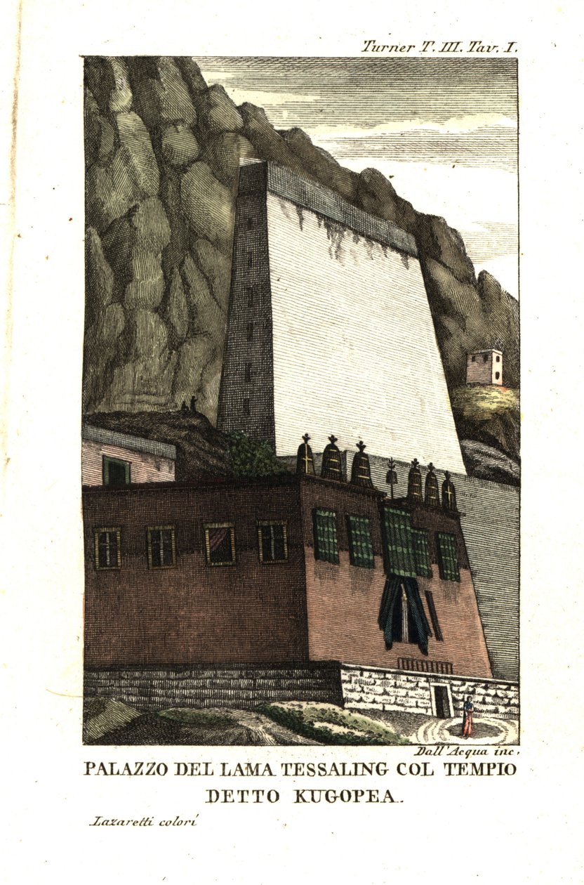 Tessaling Lamas bolig med det religiøse bygningsværk kaldet Kugopea. Illustration af løjtnant Samuel Davis fra kaptajn Samuel Turner (1759-1802) Beretning om en ambassade til domstolen for Teshoo Lama i Tibet 1800. Kobberstik af Dell