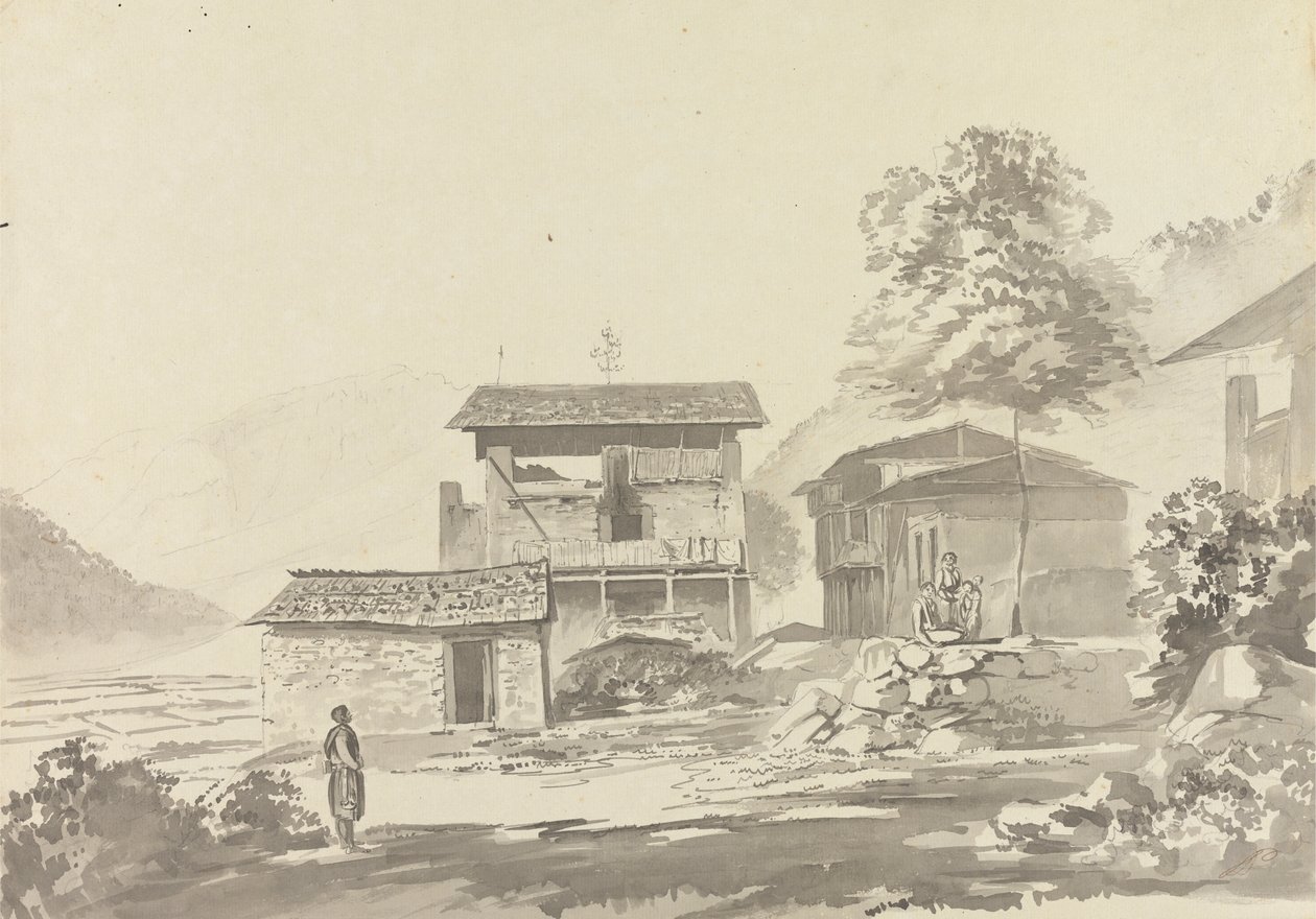 I landsbyen nær Tassisudon [Tashicho Dzong] af Samuel Davis