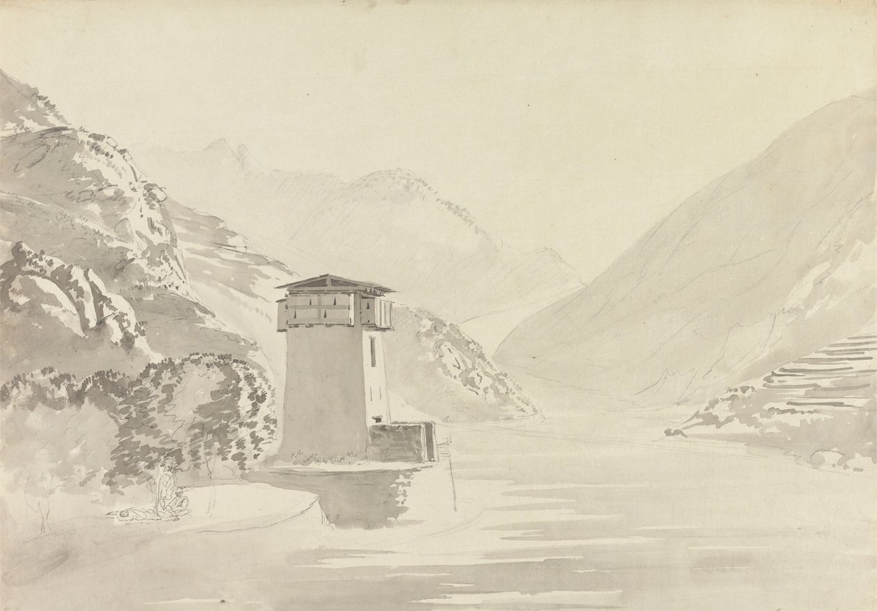 Udsigt fra broen ved Wandepore [Wangdu Phodrang] af Samuel Davis