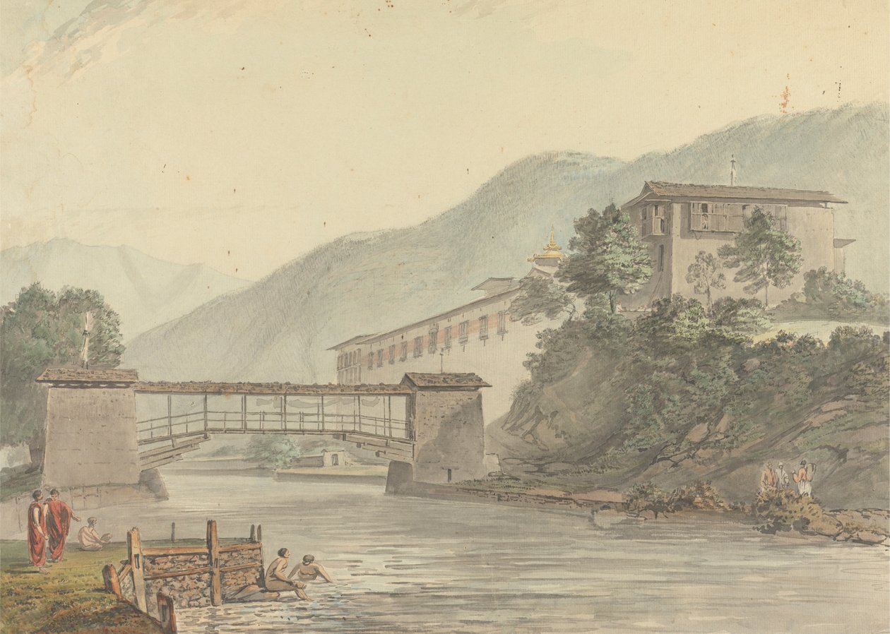 Udsigt over Tashichoedzong, Bhutan og Foot Bridge af Samuel Davis