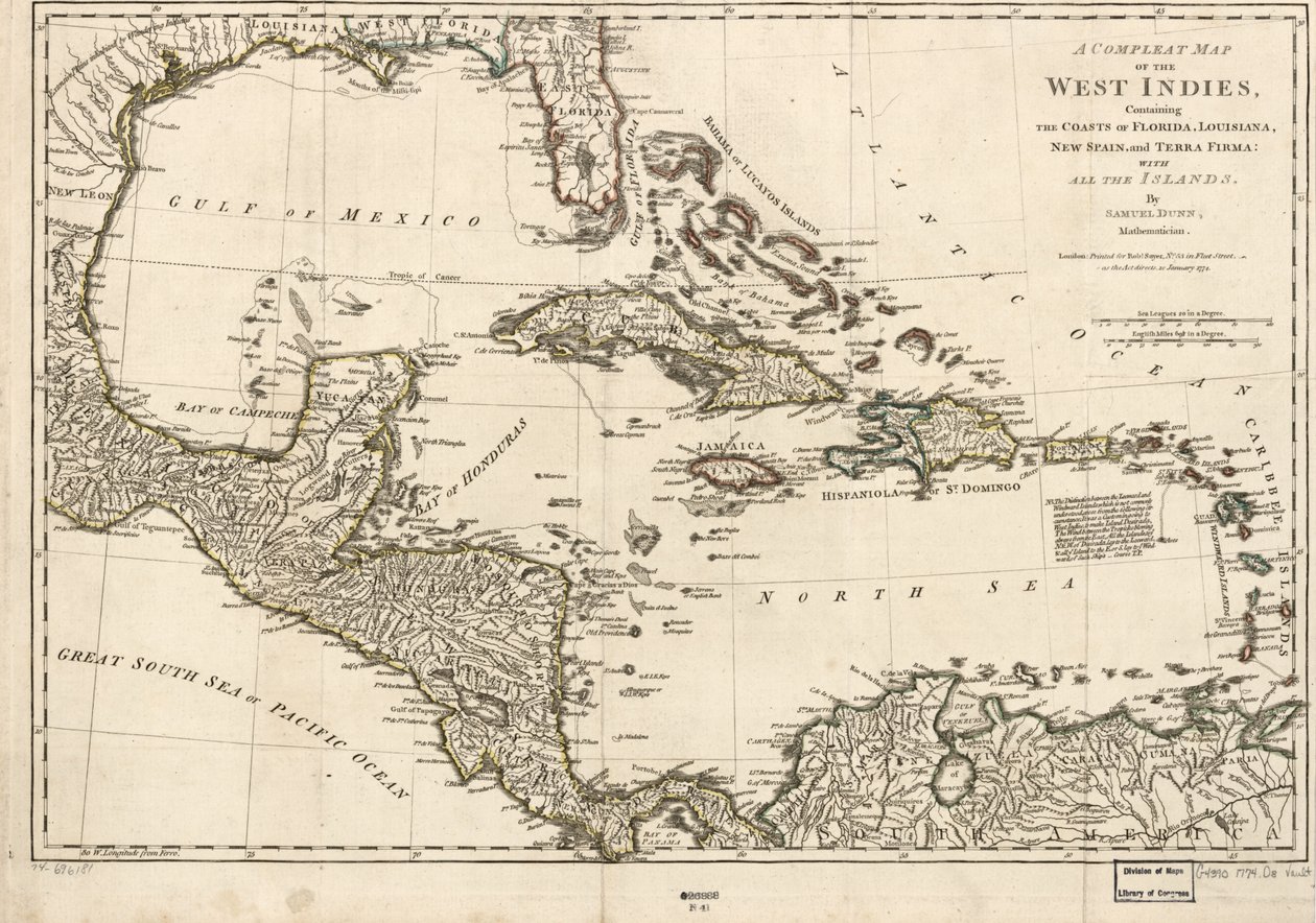 Et komplet kort over Vestindien med Floridas, Louisianas, Ny Spaniens og Terra Firmas kyster: Med alle øerne. af Samuel Dunn