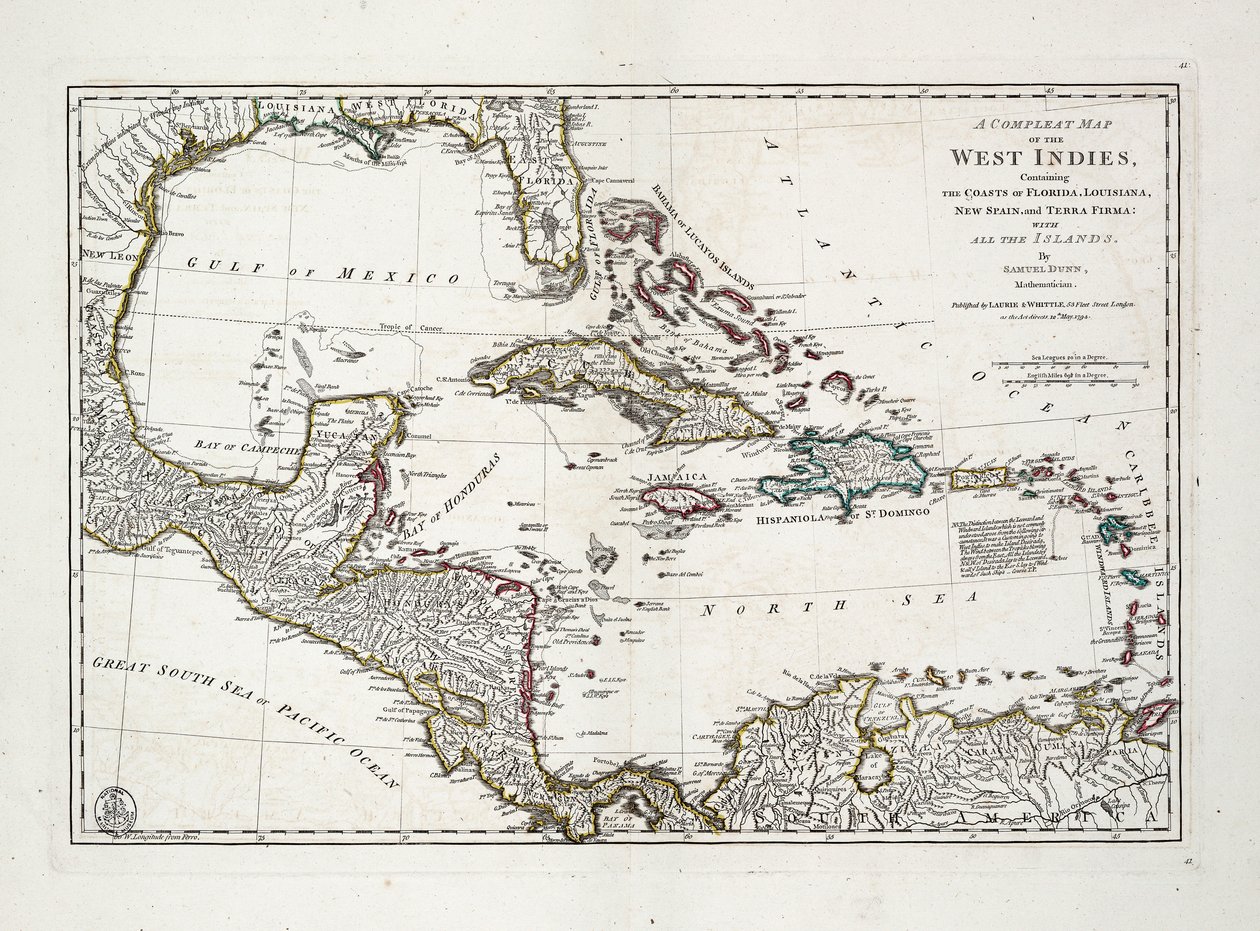Et komplet kort over Vestindien med Floridas, Louisianas, Ny Spaniens og Terra Firmas kyster med alle øerne. af Samuel Dunn