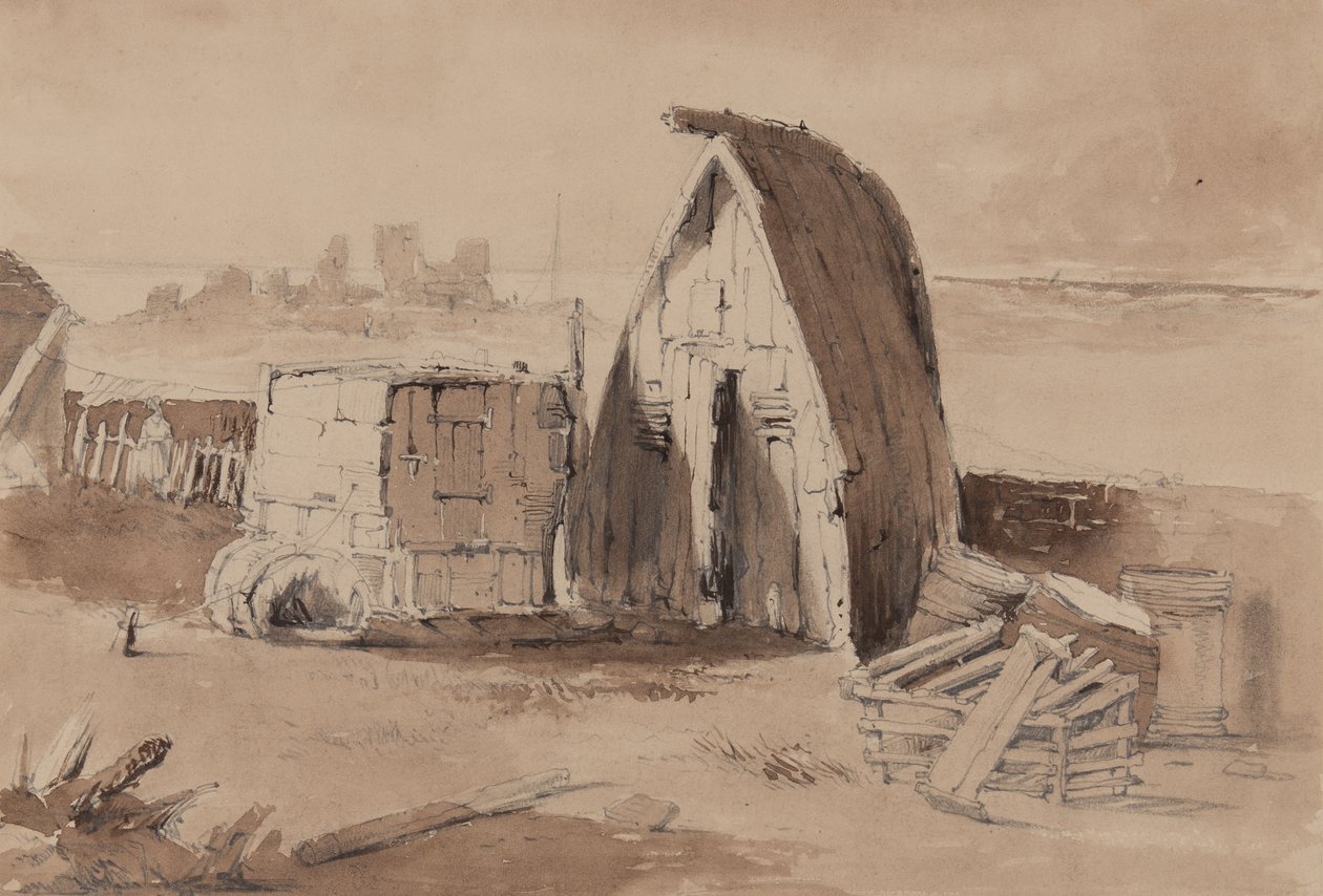 The Beach at Hastings (blyant, børste og vask på papir) af Samuel Gillespie Prout