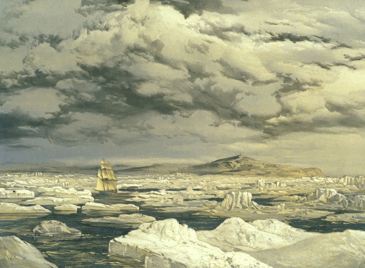 Første opdagelse af land af HMS Investigator, 6. september 1850, indgraveret af E. Walker, 1854 af Samuel Gurney Cresswell