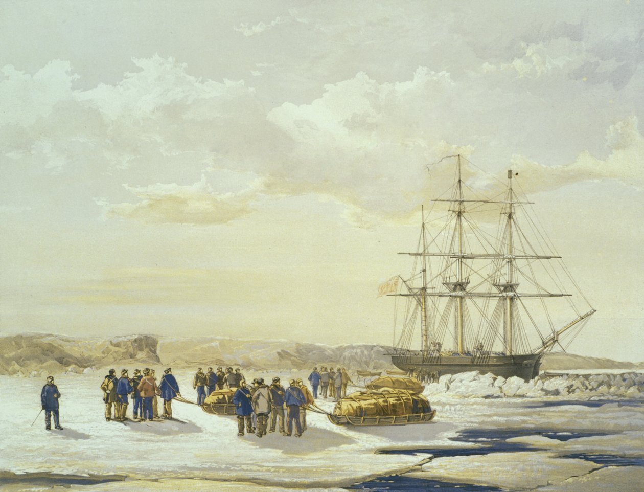 Slædefest, der forlader H.M.S. Investigator i Mercy Bay, 15. april 1853, graveret af E. Walker, udgivet af Ackermann und Co., 1854 af Samuel Gurney Cresswell