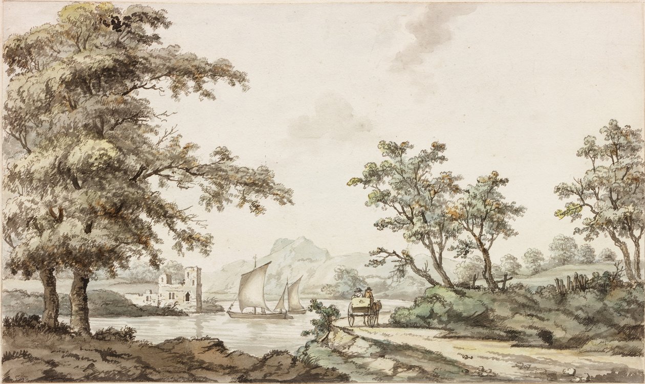 En flod med sejlbåde og en hest og vogn (blæk (sort) og akvarel på papir) af Samuel Henry Alken