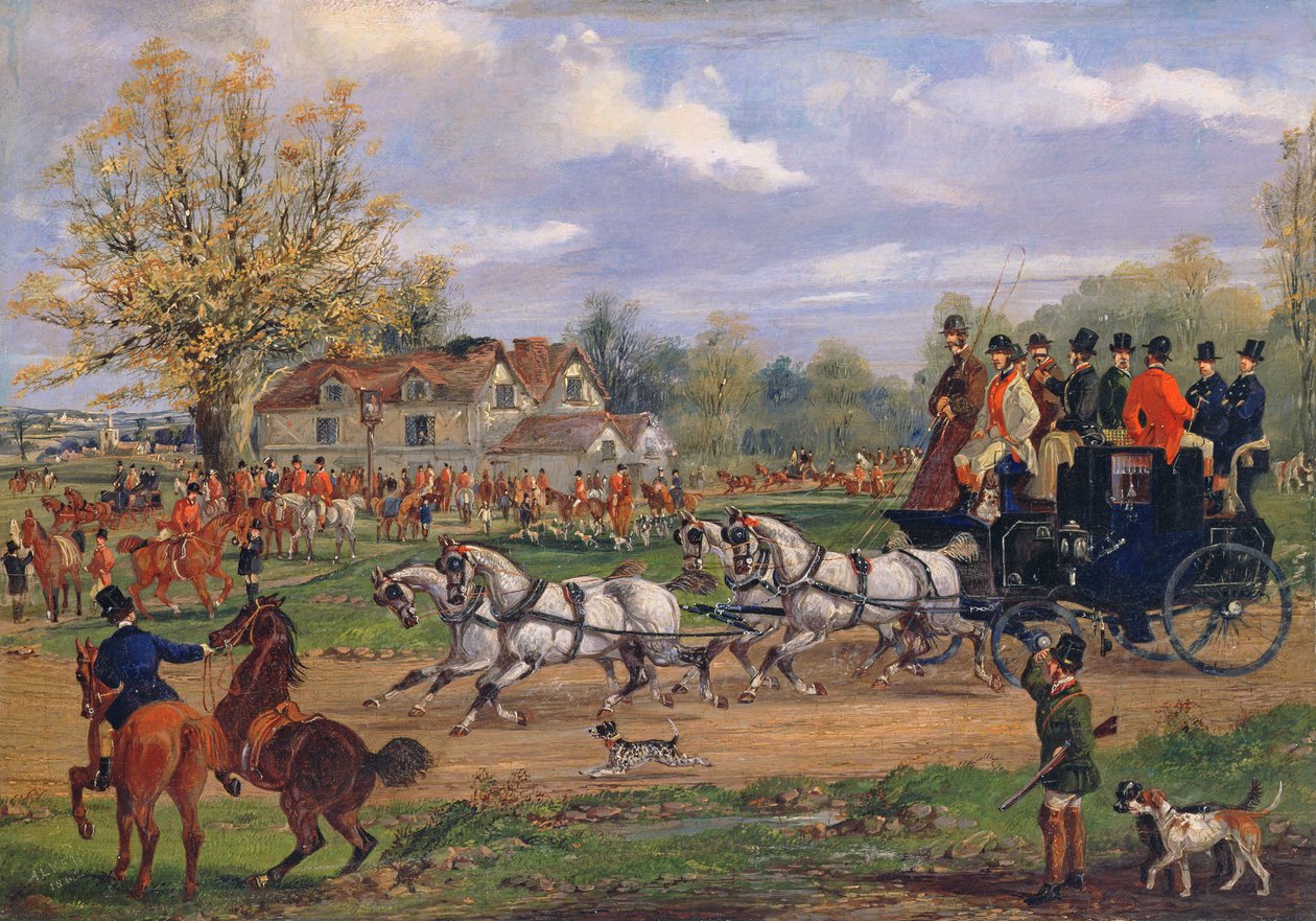 Scenecoach passerer et stævne uden for en kro, 1862 af Samuel Henry Alken