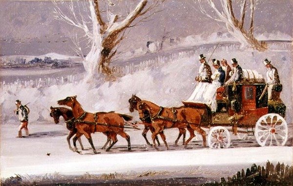 The Royal Mail in a Snow Storm (olie på panel) af Samuel Henry Alken