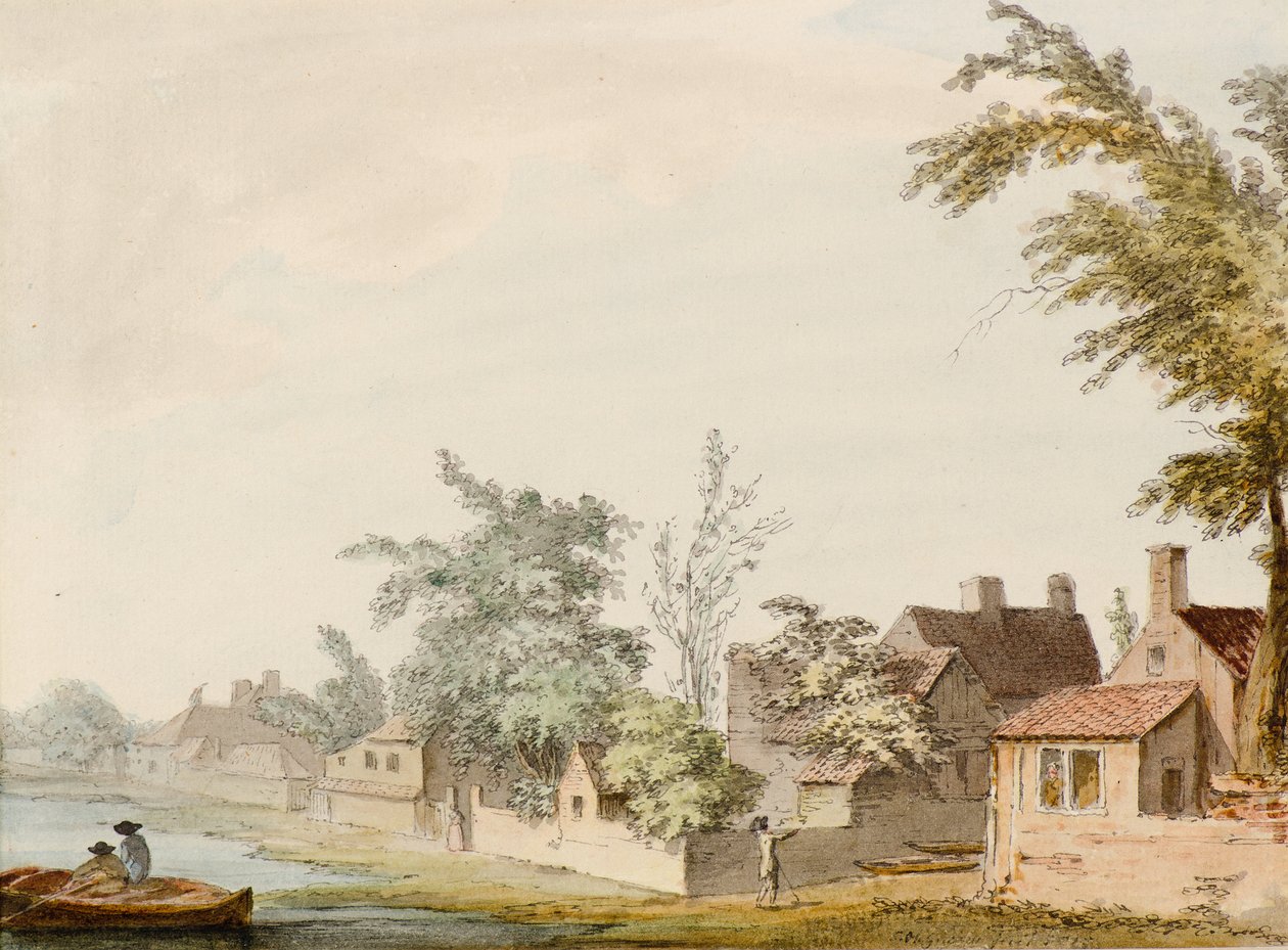 En landsby ved en sø af Samuel Hieronymous Grimm