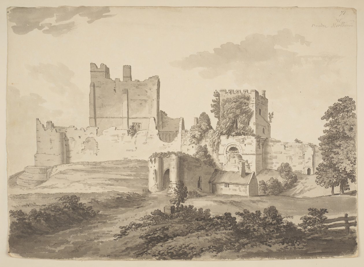 Et billede i tusch af Prudhoe Castle i Ovingham sogn (tusch på papir) af Samuel Hieronymous Grimm