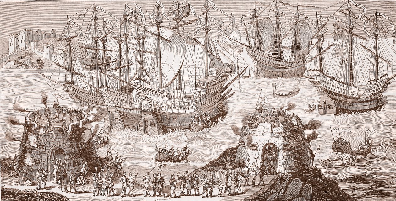 Henry VIII, der går om bord i Dover, fra det store tryk udgivet af The Royal Society of Antiquities af Samuel Hieronymous Grimm