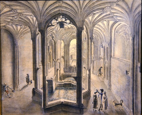 Indvendig udsigt af Holywell Spa, North Wales (akvarel med pen og blæk på papir) af Samuel Hieronymous Grimm