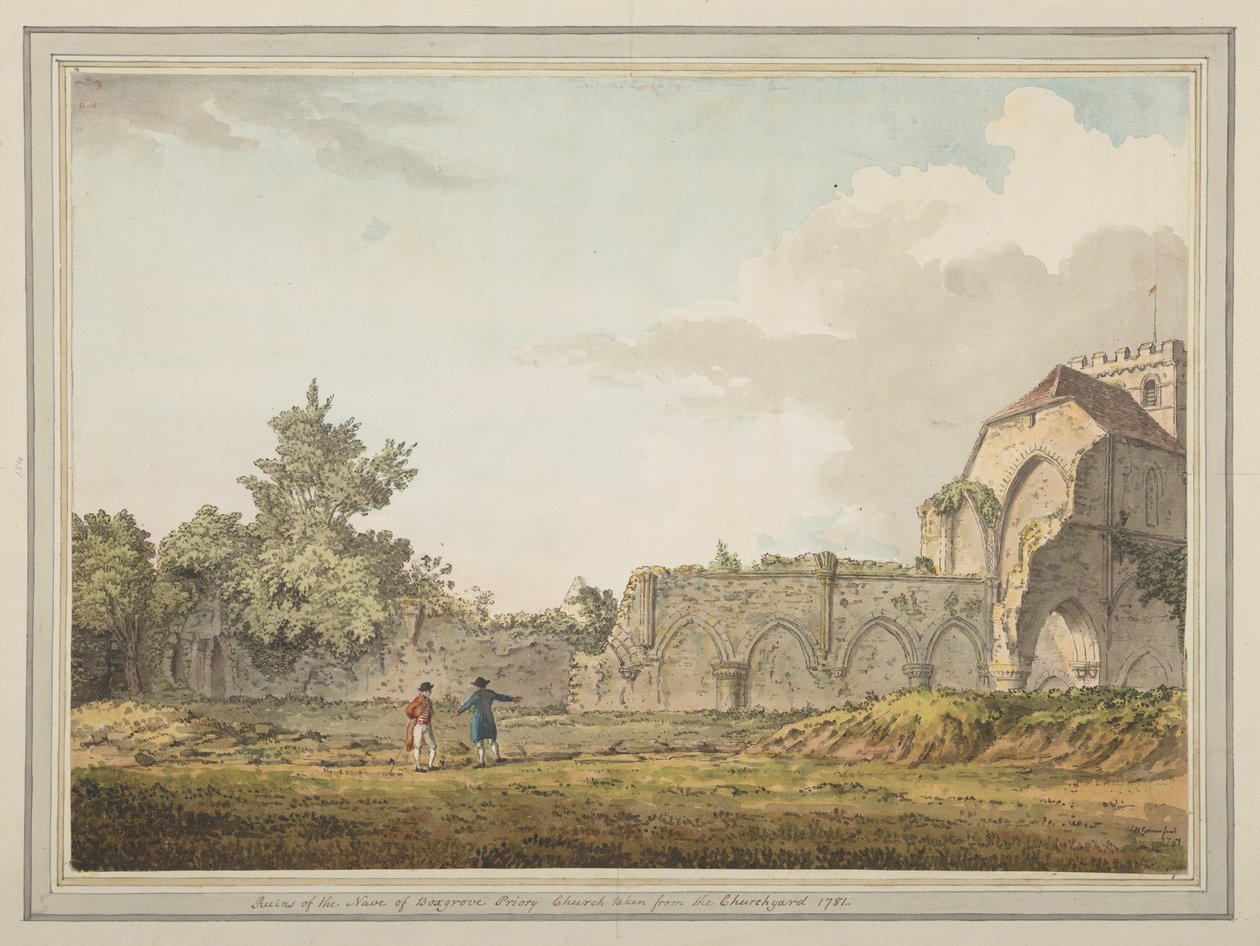 Ruiner af skibet i Boxgrove priory church taget fra kirkegården af Samuel Hieronymous Grimm