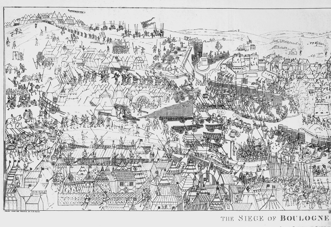 The Siege of Boulogne af kong Henry VIII (1491-1547) i 1544, indgraveret af James Basire, 1788 (se også 106603) af Samuel Hieronymous Grimm