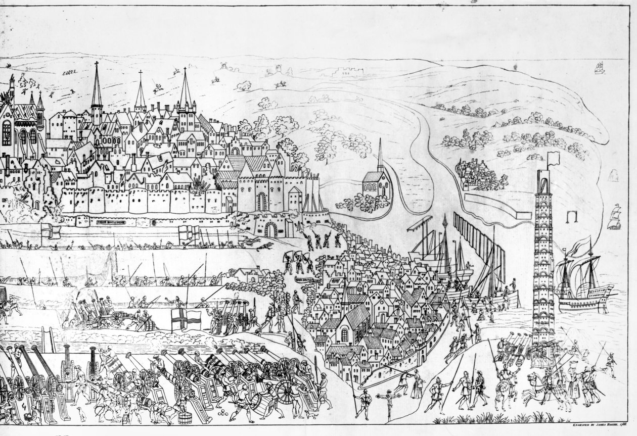 The Siege of Boulogne af kong Henry VIII (1491-1547) i 1544, indgraveret af James Basire, 1788 (se også 106602) af Samuel Hieronymous Grimm