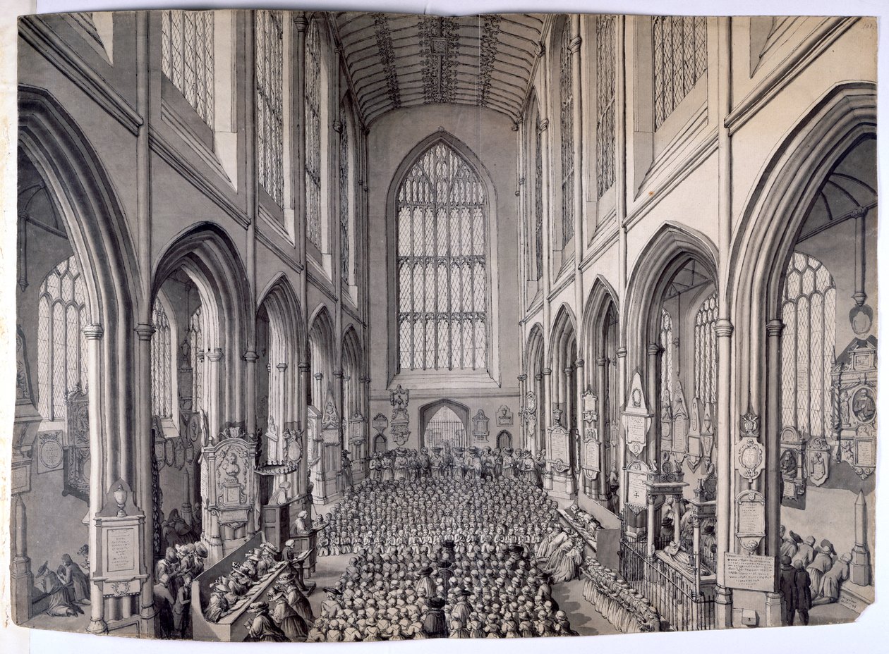 Udsigt fra den østlige ende af det indre af Bath Abbey med menighed af Samuel Hieronymous Grimm
