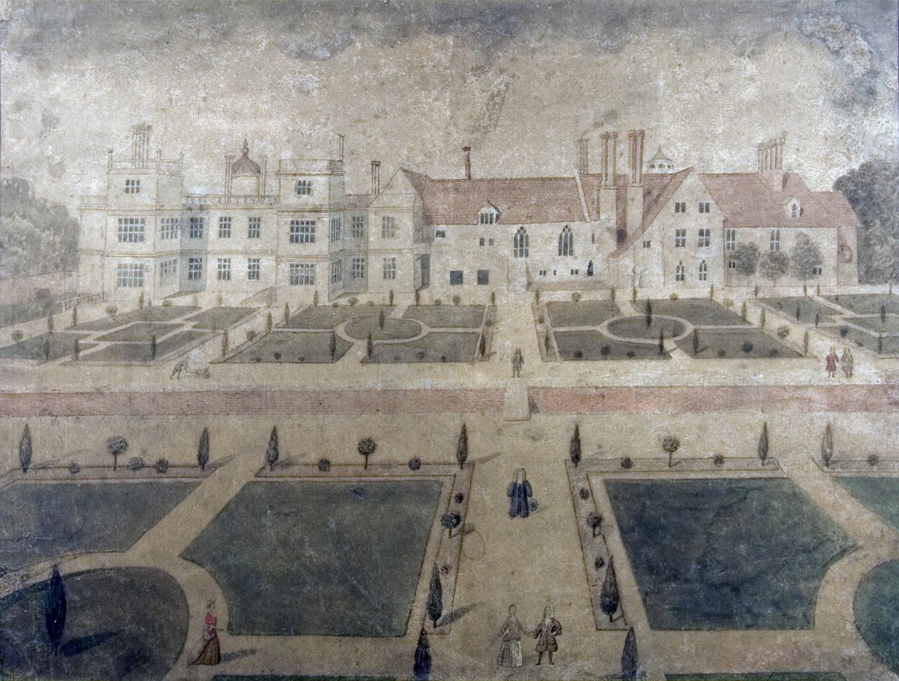 Welbeck Abbey, fra sydvestfronten, ca. 1780 (wc på papir) af Samuel Hieronymous Grimm