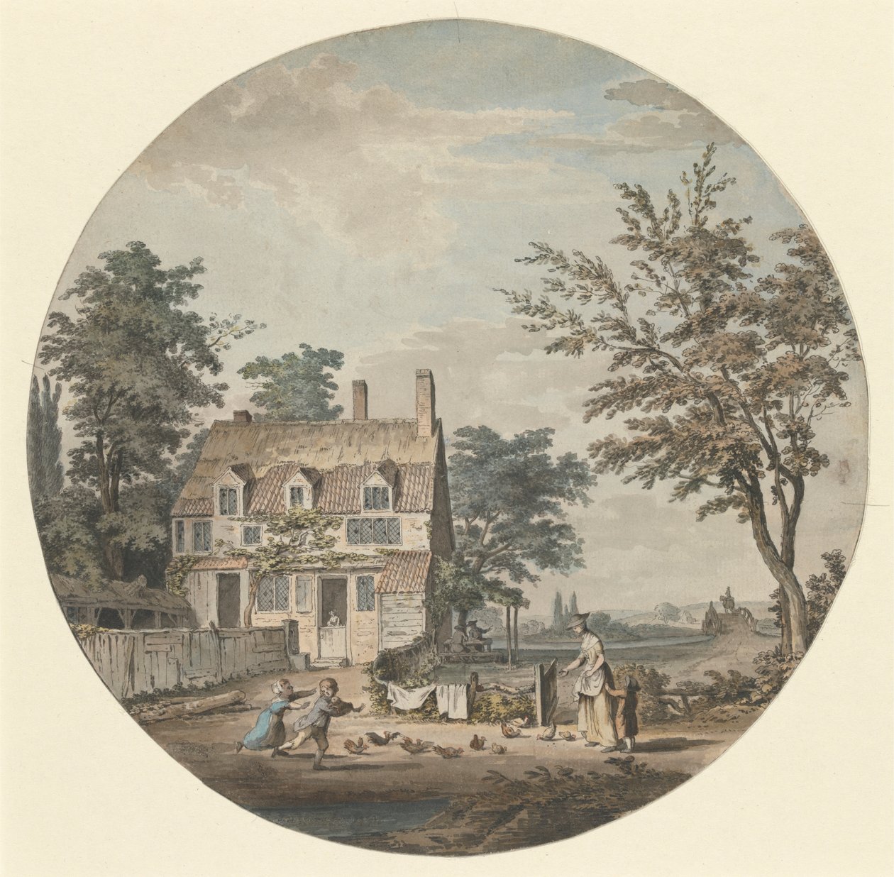 Landskab med sommerhus, bro og figurer af Samuel Hieronymus Grimm
