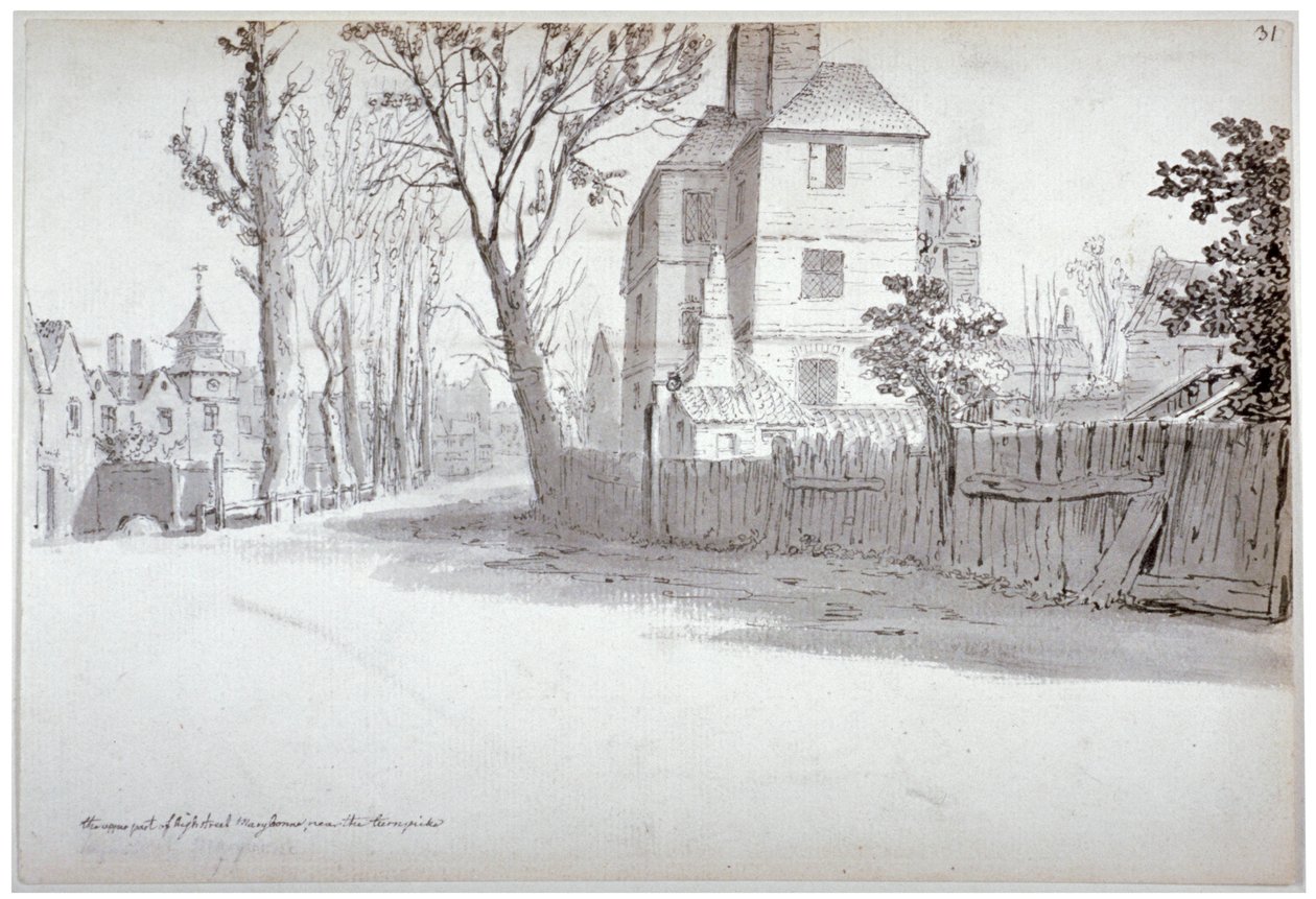 Udsigt over den øvre del af St Marylebone High Street og vendepladsen, London, 1772 af Samuel Hieronymus Grimm