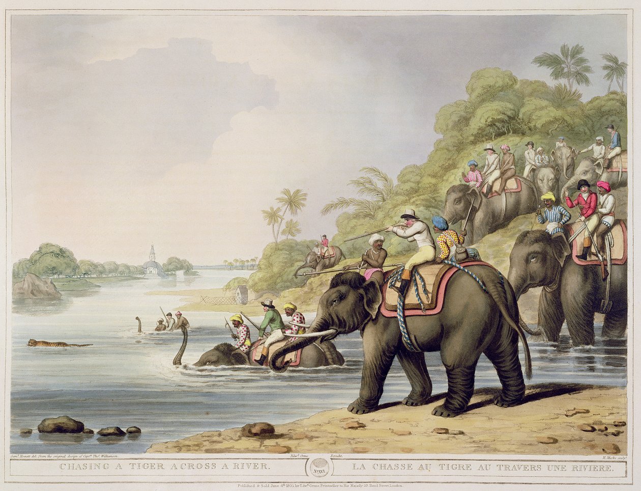 Jagt på en tiger over en flod, fra Oriental Field Sports, udgivet af Edward Orme, 1807 (tryk) af Samuel Howett