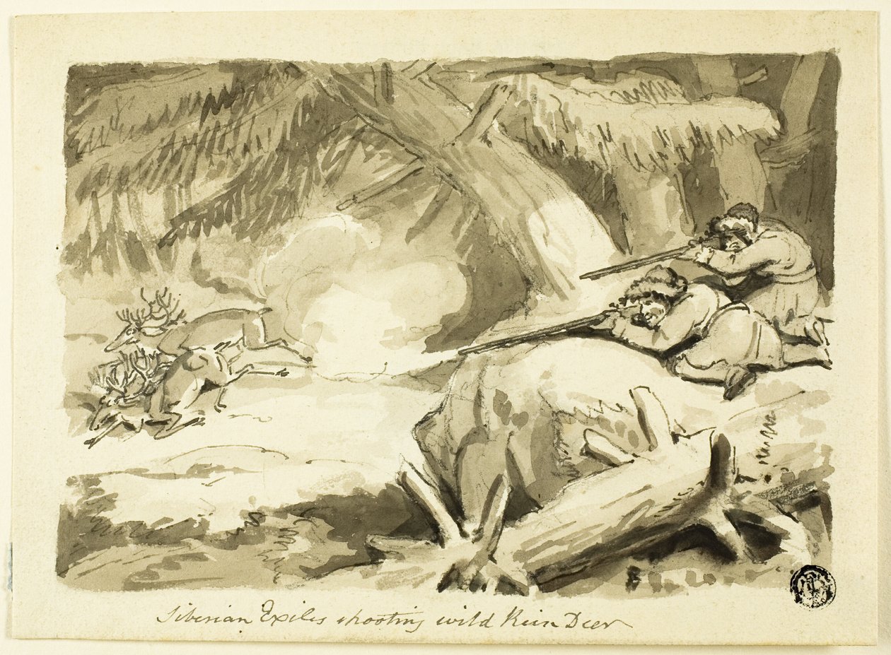 Sibiriske eksil skyder vilde rensdyr (recto); Skal (omvendt) af Samuel Howett