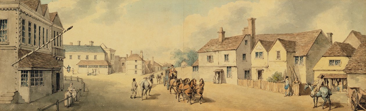 En træner og fire passerer gennem Chippenham, Wiltshire (pen og blæk og wc på papir) af Samuel Howitt