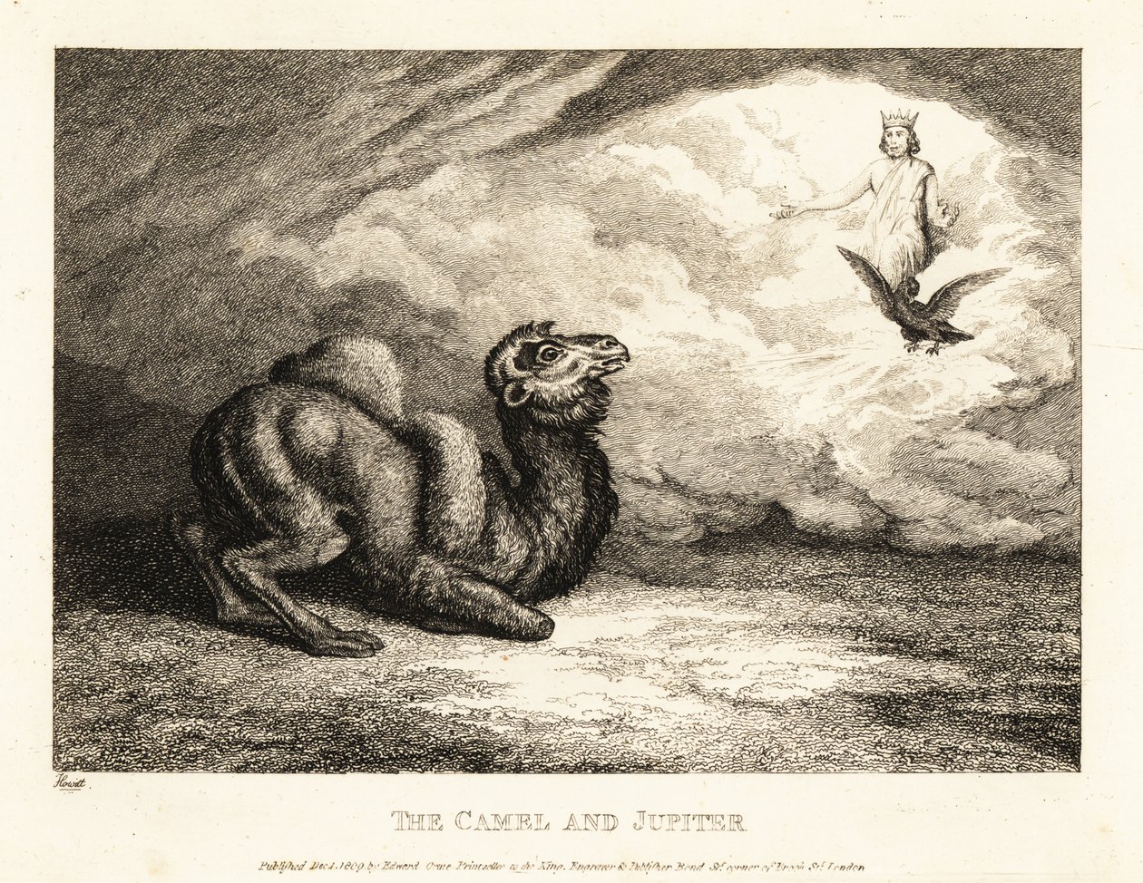 En kamel, der tigger Jupiter om horn. 1811 (ætsning) af Samuel Howitt