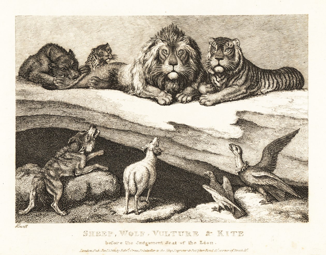 En retssag mellem dyr, med løve og tiger som dommere. 1811 (ætsning) af Samuel Howitt