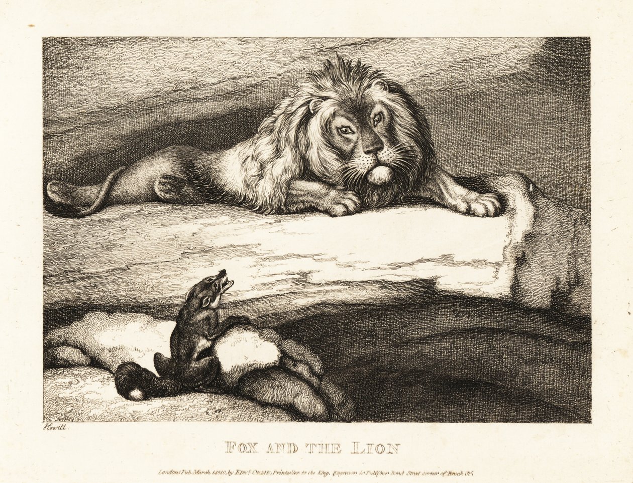 En ræv nærmer sig tåbeligt en hanløve i sin hule. 1811 (ætsning) af Samuel Howitt