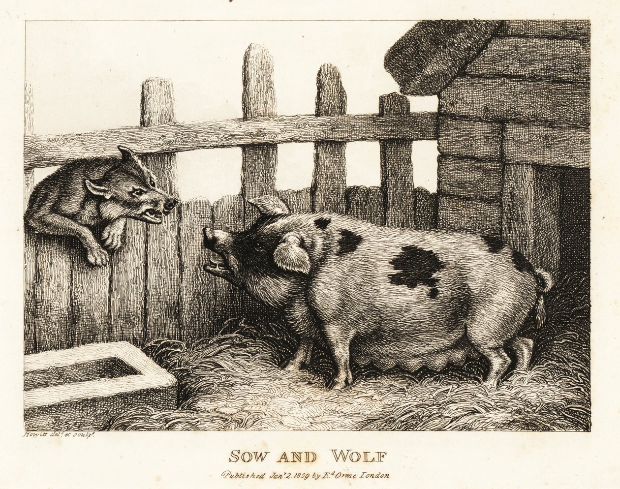 En stor so i en svinestald, der snerrer ad en ulv. 1811 (ætsning) af Samuel Howitt